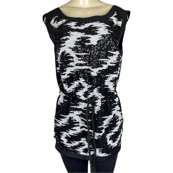 Hype L Black-White Sequin Lined Open Back Drawstring Cord Waist Sleeveless Top - Picture 2 of 6